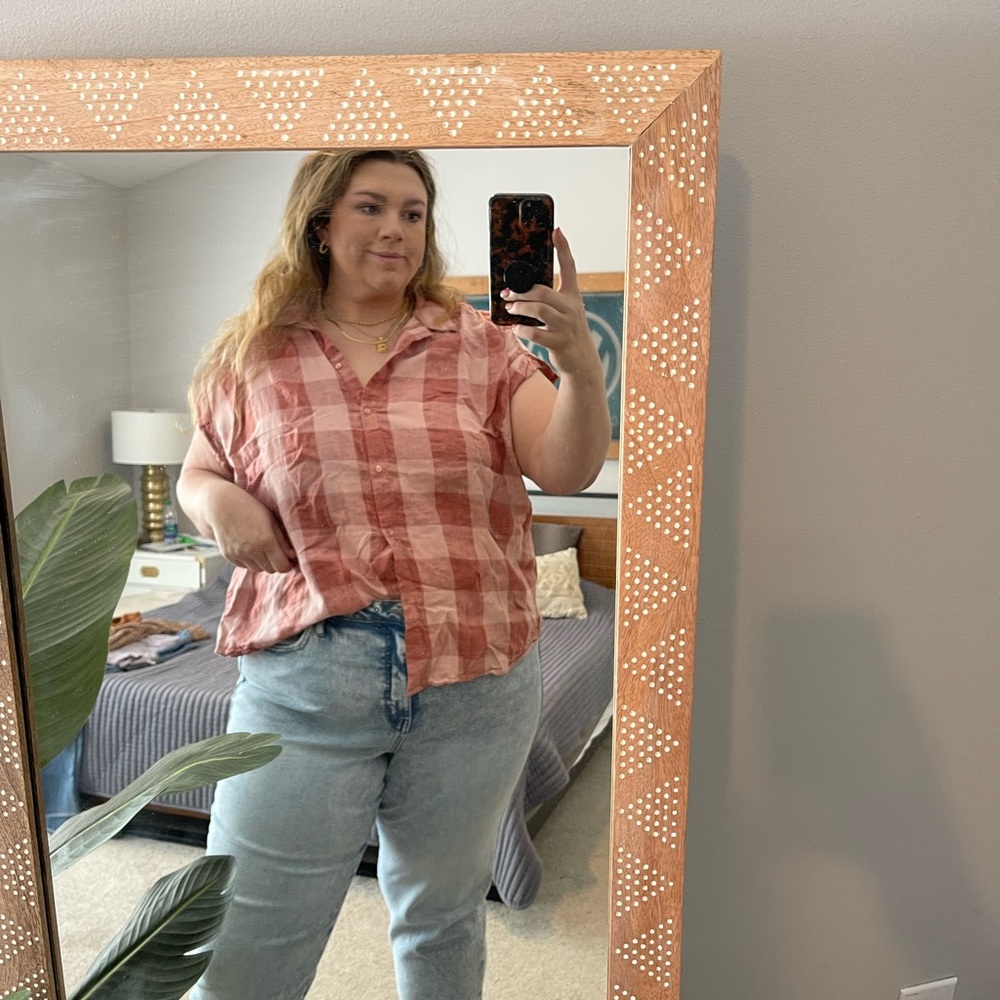 Lucky Brand Plaid Gingham Button up in Pink Salmon 2X